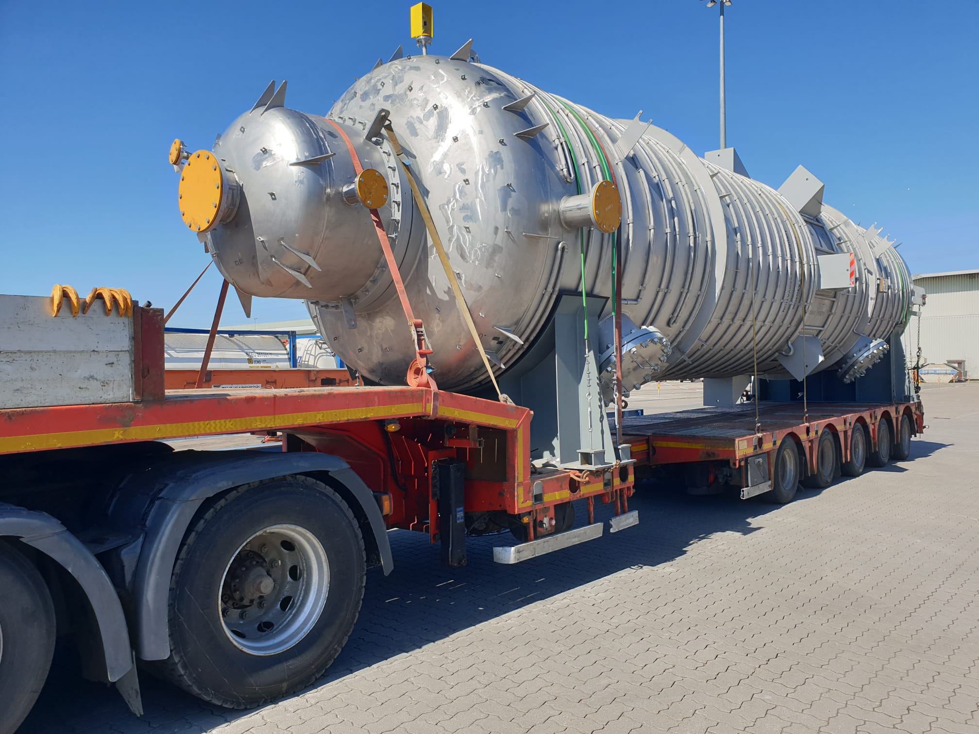 Heavy industrial reactor on lowbed trailer